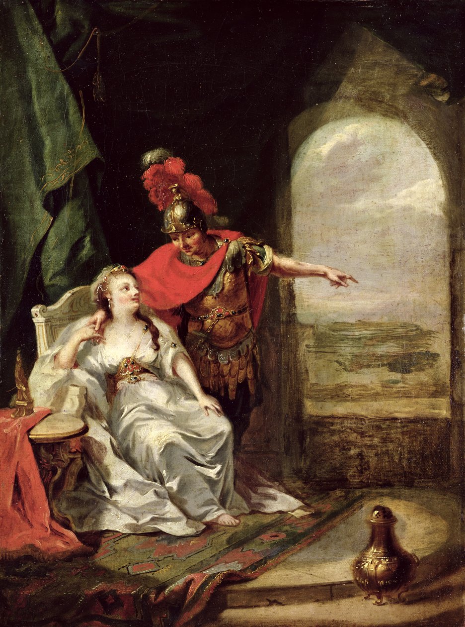 Anthony kertoo Kleopatralle voitosta Octavianuksen ratsuväen yli, n. 1769 (yksityiskohta) tekijältä Johann Heinrich Tischbein