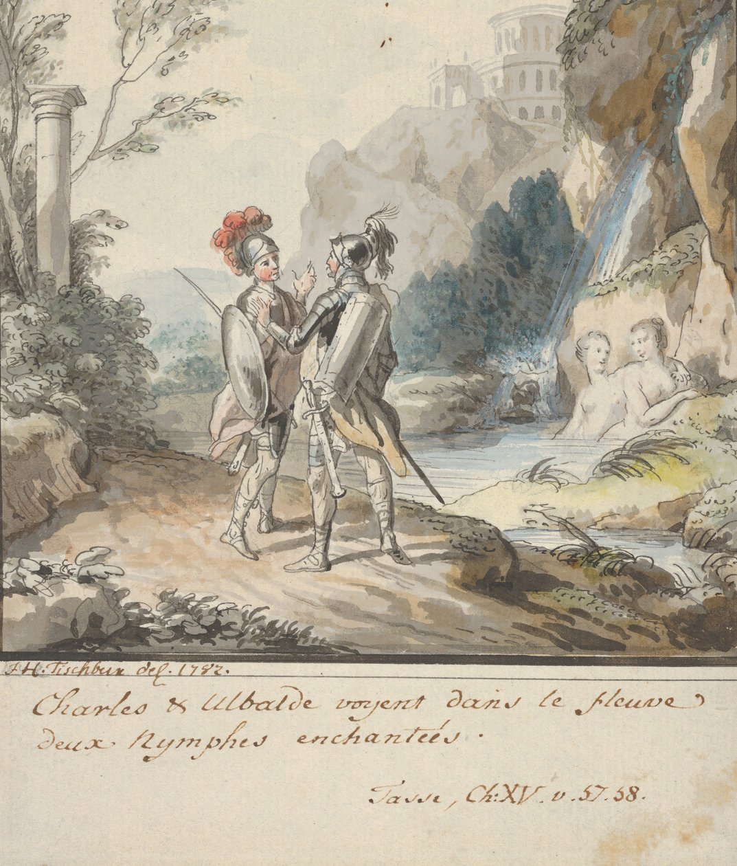Carlo ja Ubaldo vastustavat Torquaton Armidan nymfien lumoa..., 1782. tekijältä Johann Heinrich Tischbein