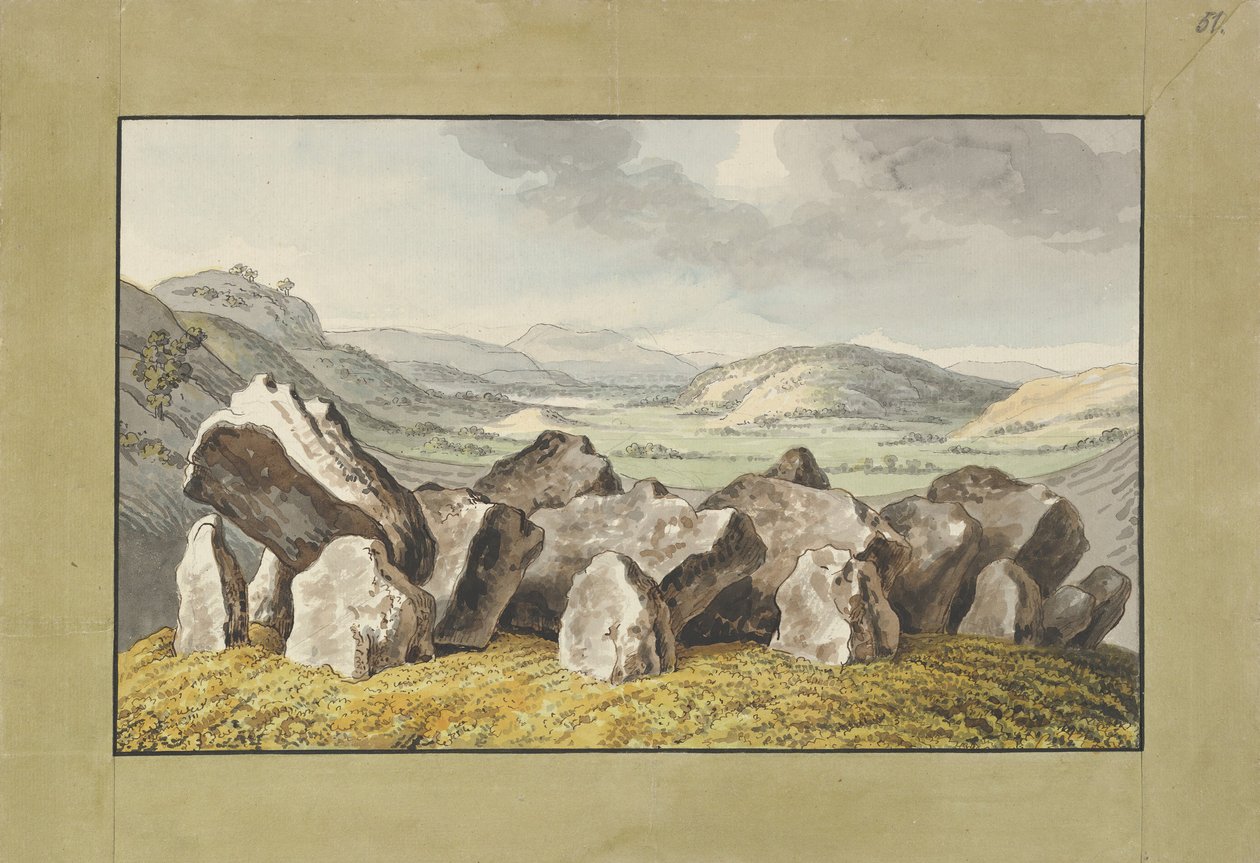 Esihistoriallinen kiviympyrä kukkulalla, laaja maisema takana, 1700-luvun puoliväli - 1800-luvun alku. tekijältä Johann Heinrich Wilhelm Tischbein