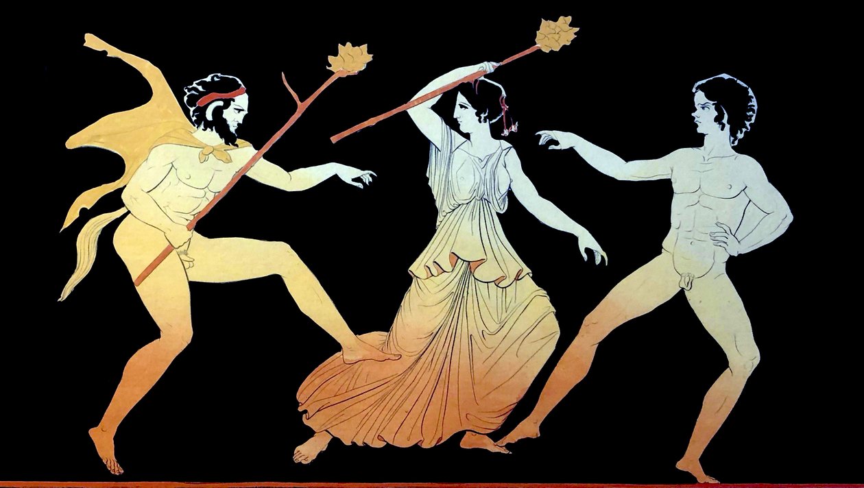 Satyyri, Maenad ja miespuolinen Dionysoksen seuraaja tanssivat kiihkeästi n. 1796 (Kuparilevykaiverrus) tekijältä Johann Heinrich Wilhelm Tischbein