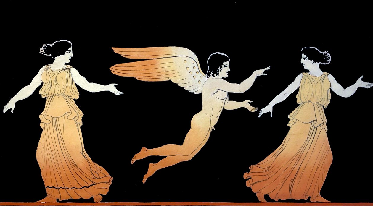 Eros jahtaa kahta naista n. 1796 (kuparilevykaiverrus) tekijältä Johann Heinrich Wilhelm Tischbein