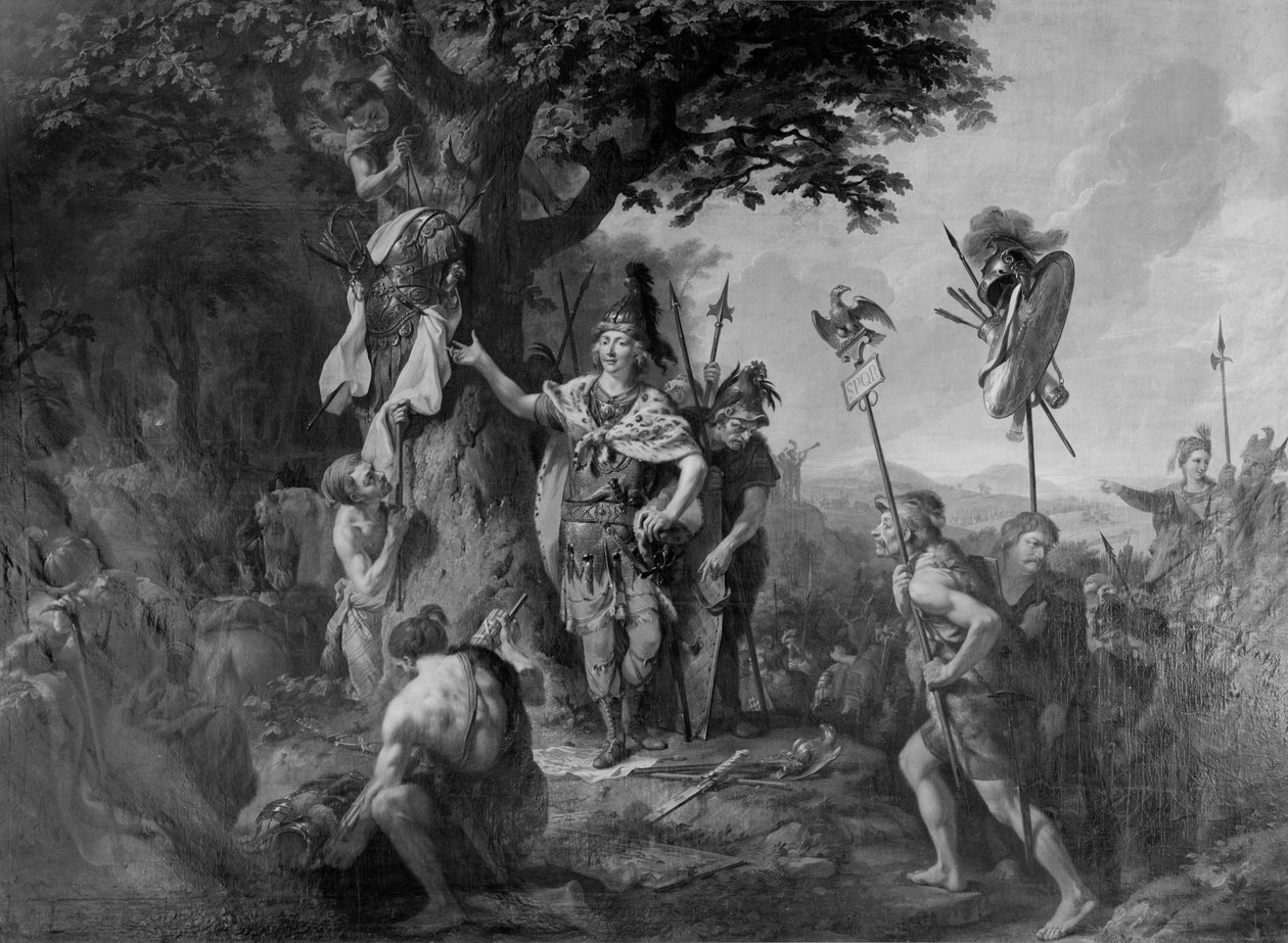 Hermann juhlii voittoa taistelun jälkeen Teutoburgin metsässä tekijältä Johann Heinrich Wilhelm Tischbein