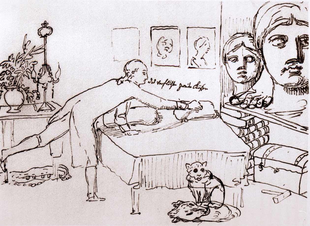Johann Wolfgang Von Goethe talossaan Via del Corsolla Roomassa. Johann Heinrich Wilhelm Tischbeinin (1751-1829) piirros (kutsutaan myös Goethe-Tischbeiniksi tai Goethe Tischbeiniksi). sd. 1700-luku. tekijältä Johann Heinrich Wilhelm Tischbein