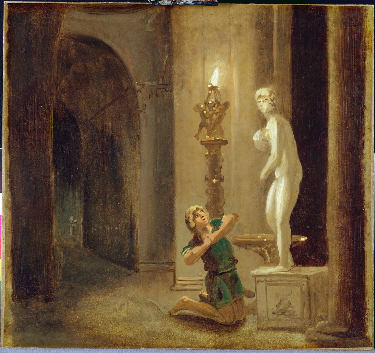 Pygmalion ennen Venuksen patsasta, n. 1800 (öljy paperille) tekijältä Johann Heinrich Wilhelm Tischbein