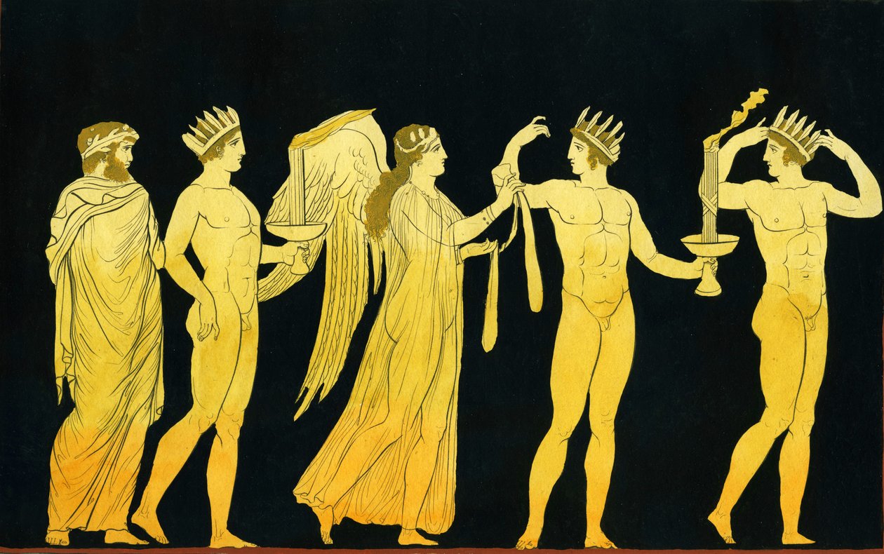 Goddess Nike palkitsee Sash of Victory -palkinnon kolmelle laakereineen kruunatulle voittajalle n. 1796 tekijältä Johann Heinrich Wilhelm Tischbein