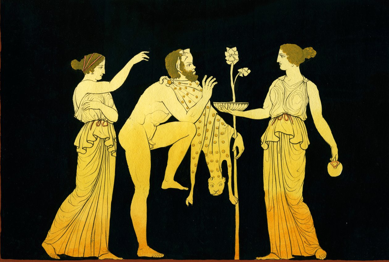 Kaksi maenadia tarjoavat viiniä Dionysokselle n. 1796 tekijältä Johann Heinrich Wilhelm Tischbein