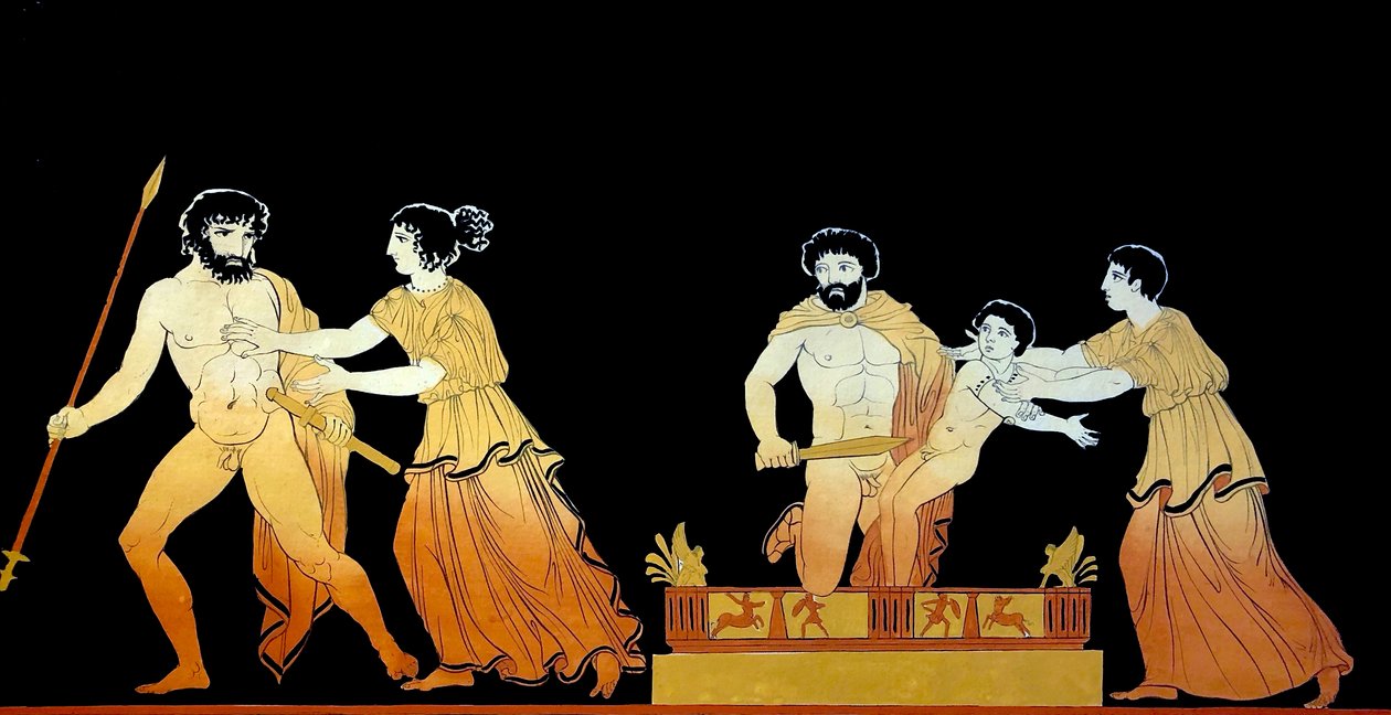 klassinen kohtaus, jonka uskotaan olevan sotilaita, jotka uhkaavat Astyanaxin henkeä, kun hänen äitinsä Andromache yrittää suojella häntä n. 1796 (Kuparilevykaiverrus) tekijältä Johann Heinrich Wilhelm Tischbein
