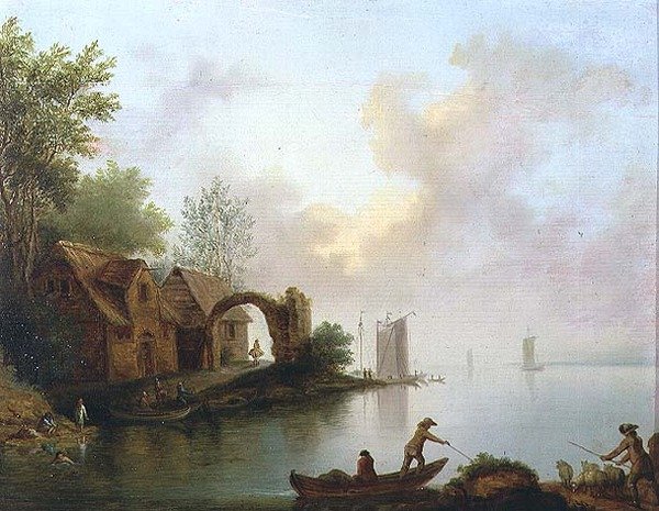 Metsäinen jokimaisema veneilijöillä tekijältä Johann Heinrich Wust
