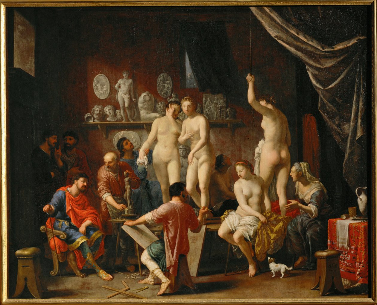 Taiteilijan työhuone, jossa viisi naismallia (maalaus kankaalle) tekijältä Johann Heiss