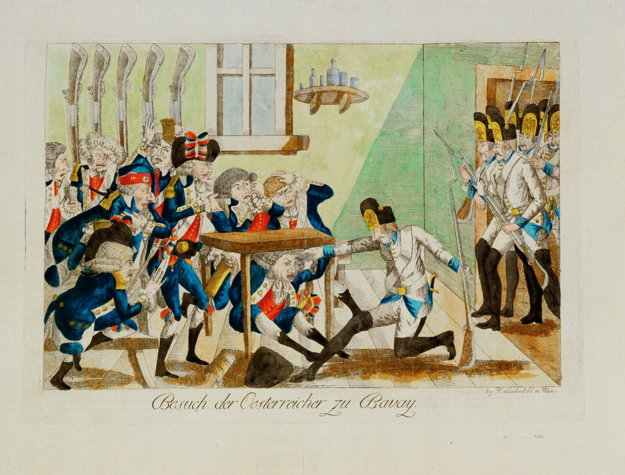 Itävaltalaiset sotilaat yllättävät ranskalaisen osaston sen majapaikassa Bavaissa ... (kaiverrus). tekijältä Johann Hieronymus Loeschenkohl