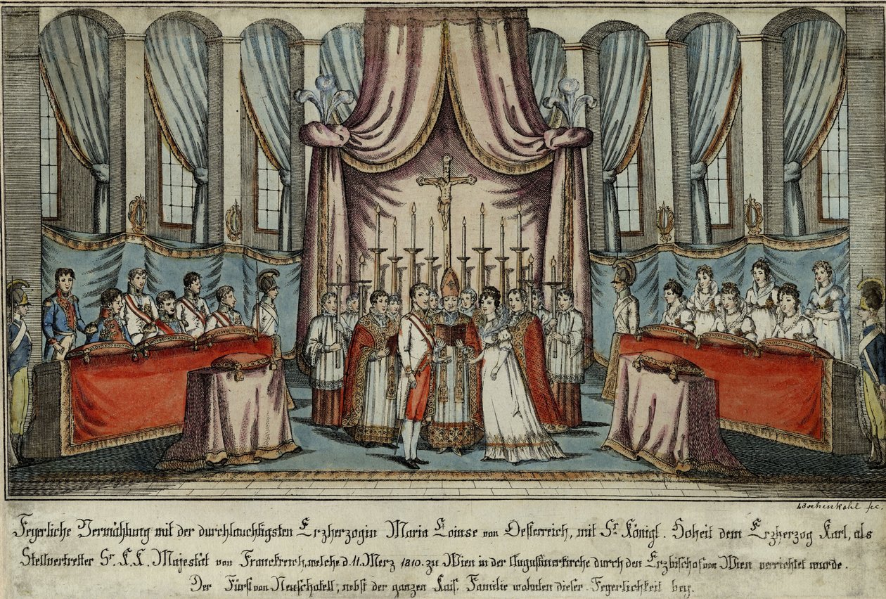 Marie-Louise meni naimisiin Napoleonin kanssa valtakirjalla Wienissä, ja arkkiherttua Charles seisoi 18-vuotiaan Napoleonin nimissä. tekijältä Johann Hieronymus Loeschenkohl