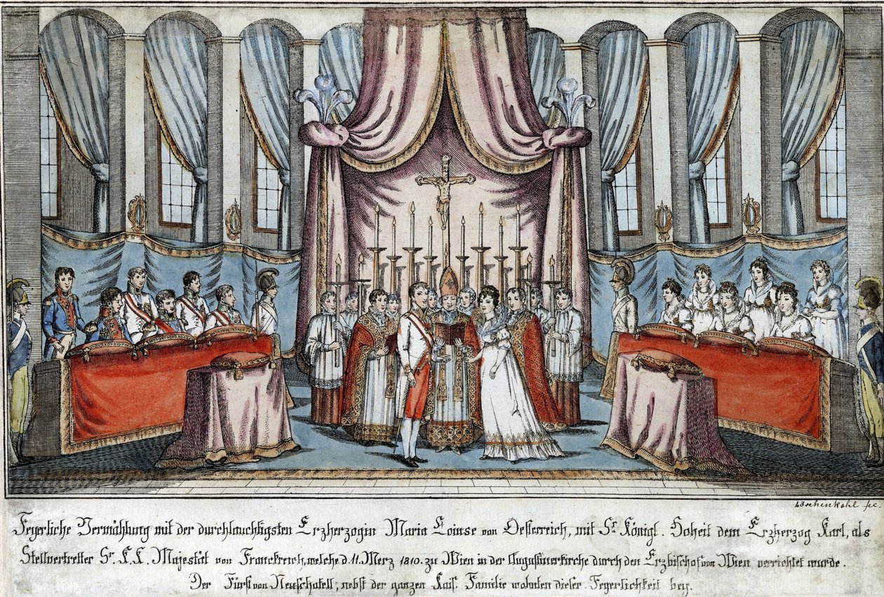 Marie-Louise meni naimisiin Napoleonin kanssa valtakirjalla Wienissä, arkkiherttua Kaarle Napoleonin sijaisena - Loeschenkohl, Johann Hieronymus (1753-1807) - 1810 - Etsaus, akvarelli - 33,4x44,5 - Yksityiskokoelma tekijältä Johann Hieronymus Loeschenkohl