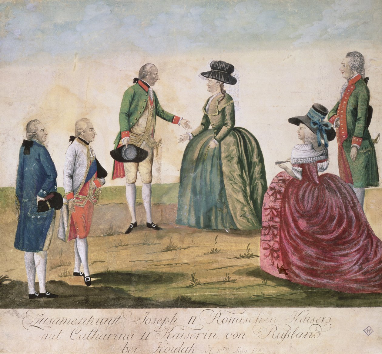 Joosef II:n (1741-90) ja keisarinna Katariina Suuren (1729-96) tapaaminen Koidakissa 18. toukokuuta 1787 (värillinen kuparikaiverrus) tekijältä Johann Hieronymus Loeschenkohl