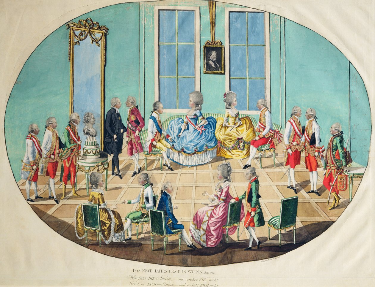 Uudenvuoden juhla Wienissä 1782, 1783 (kuparikaiverrus wc:llä) tekijältä Johann Hieronymus Loeschenkohl