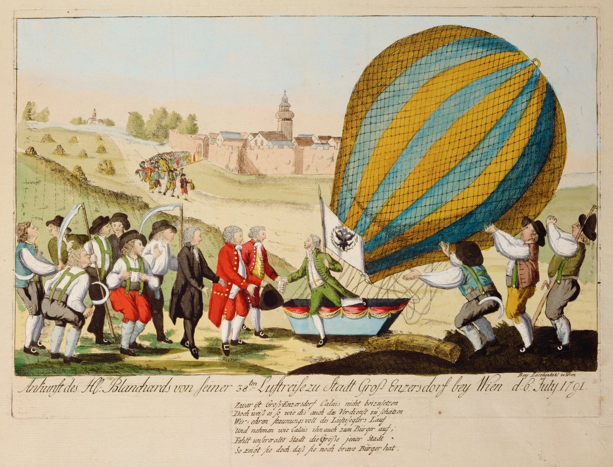 M. Blanchardin paluu 38. lentomatkaltaan ... (kaiverrus) tekijältä Johann Hieronymus Loeschenkohl