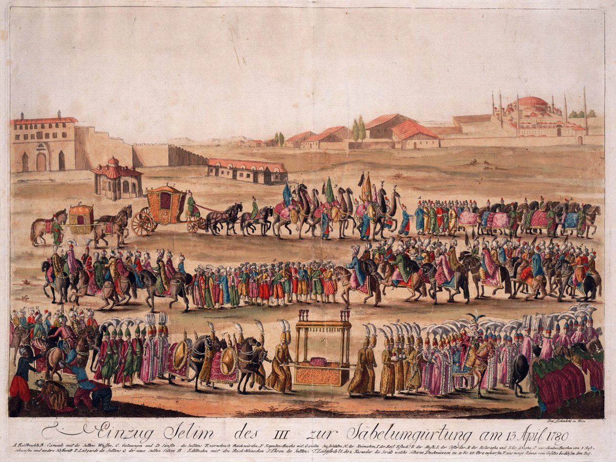 Sulttaani Selim III:n (1761-1808) tulo sapelin ympärille 13. huhtikuuta 1789 - Loeschenkohl, Johann Hieronymus (1753-1807) - 1789 - Etsaus, akvarelli - 38,6x50,2 - Yksityiskokoelma tekijältä Johann Hieronymus Loeschenkohl