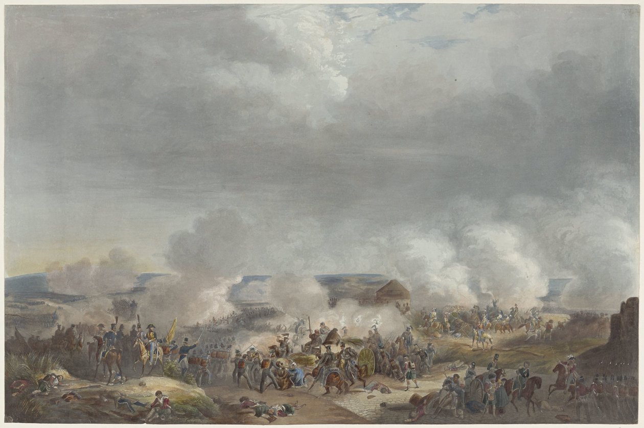 Orangen prinssi Quatre-Brasin taistelussa, 1815 Kaksitoista levyä William I:n saapumisesta ja virkaanastumisesta Brysseliin sekä taisteluista Quatre-Brasissa ja Waterloossa vuonna 1815 (sarjan nimi) tekijältä Johann Hürlimann