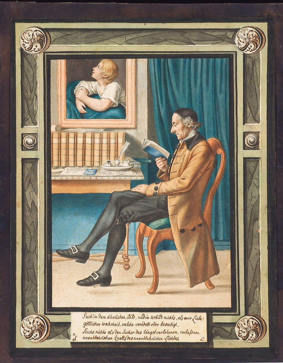 Johann Caspar Lavaterin (1741-1801) muotokuva, profiilissa vasemmalla, istuu ja lukee kirjaa (akvarelli kaiverrus päällä) tekijältä Johann Jacob Lips