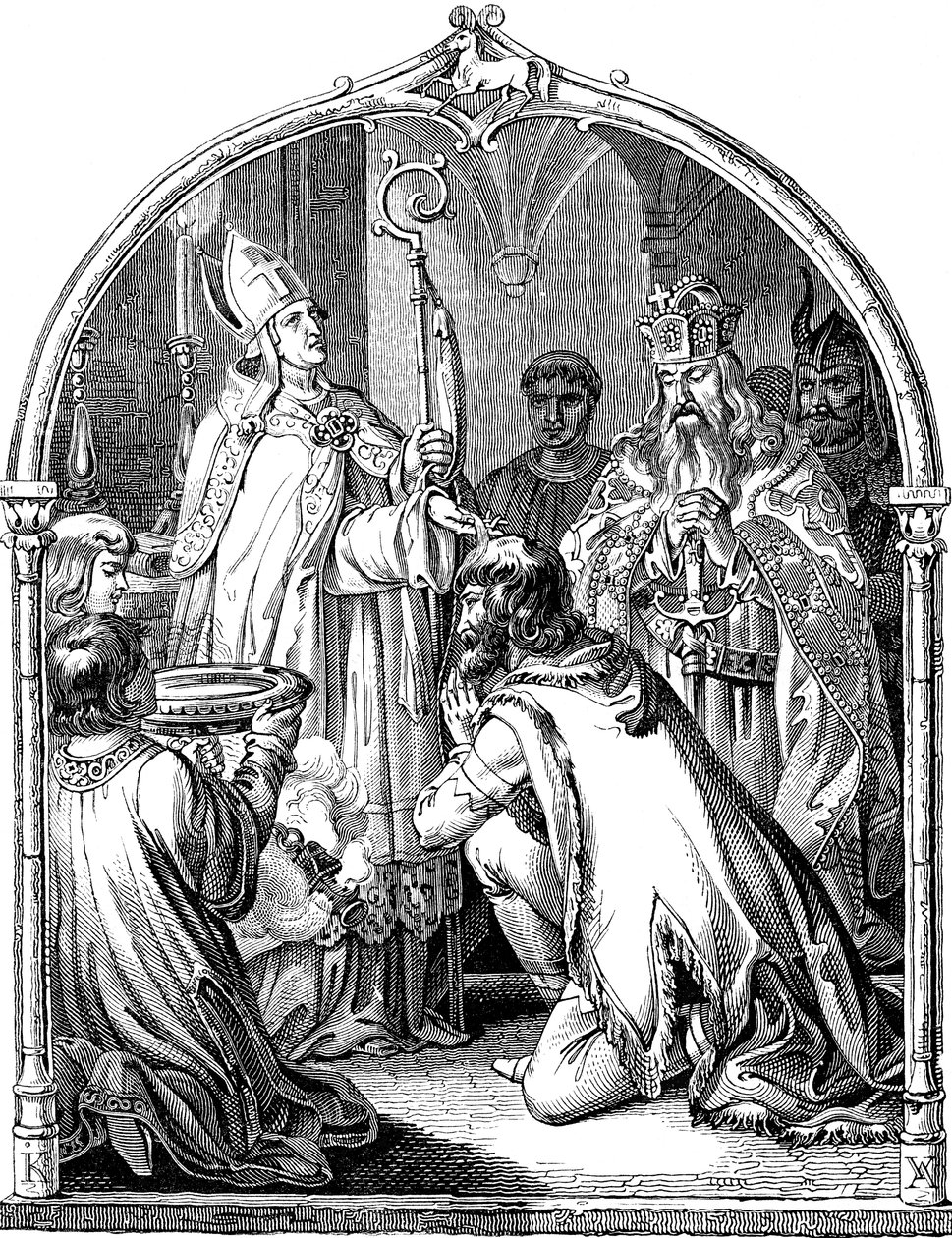 Saksin johtajan Widukindin kaste E. Dullerin kuvitus Saksan kansan historiasta, 1840 tekijältä Johann Jakob Kirchhoff