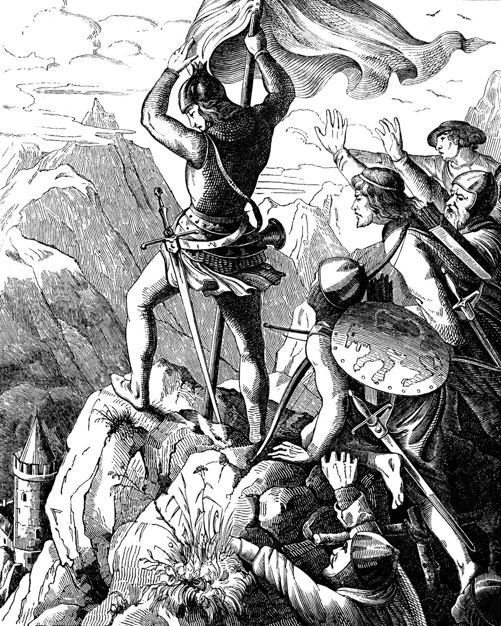 Otto I Baijerilainen estää keisarin tappion Veronan lähellä. Kuva Saksan kansan historiasta E. Duller, 1840 tekijältä Johann Jakob Kirchhoff