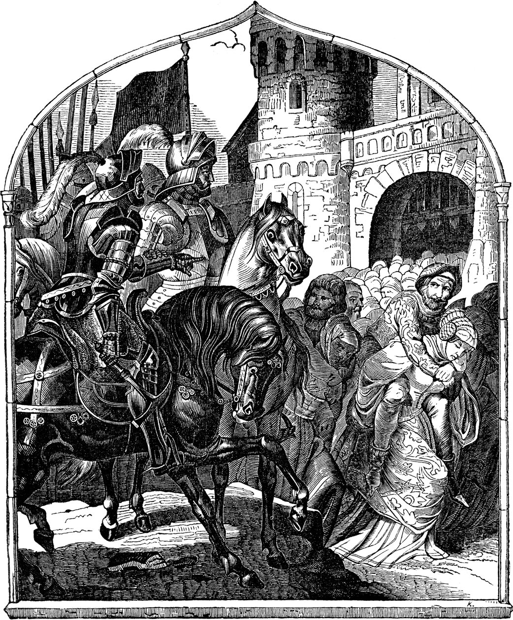 Weinsbergin linnan piiritys ja uskolliset naiset 1140 Kuva Saksan kansan historiasta E. Duller, 1840 tekijältä Johann Jakob Kirchhoff