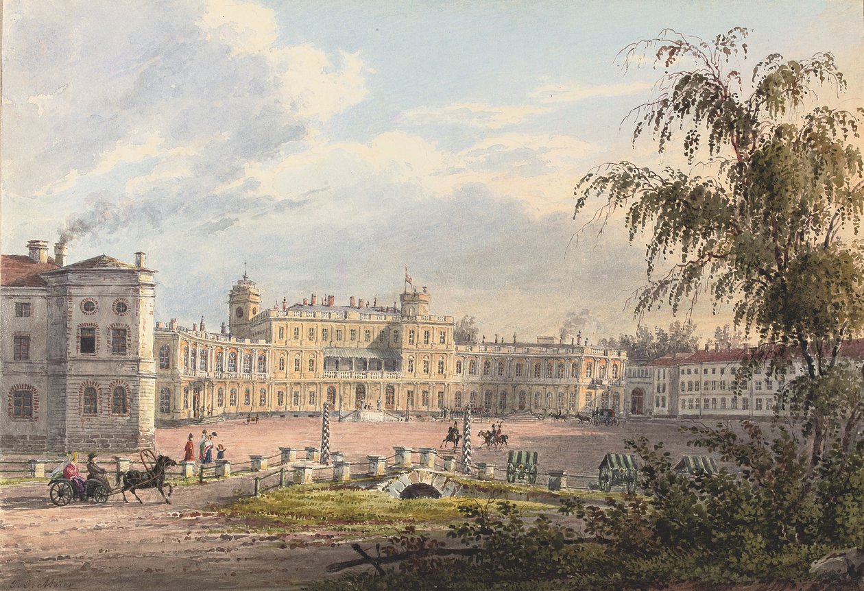 Keisarillinen palatsi, Gatchina (kynä ja akvarelli korostettu valkoisella ja arabikumilla paperille) tekijältä Johann Jakob Meier