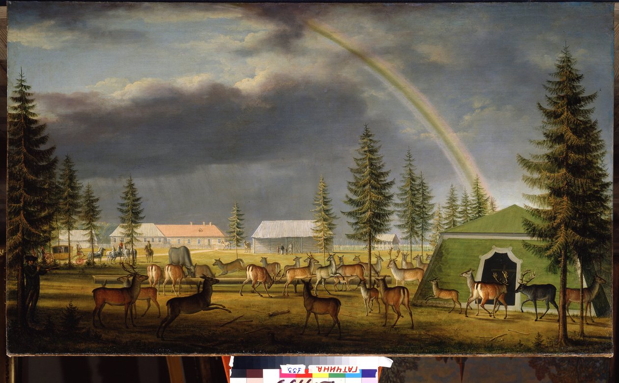 Menagerie Gatchina Palace Parkissa. Johann Jakob Mettenleiterin (1750-1825) maalaus tekijältä Johann Jakob Mettenleiter