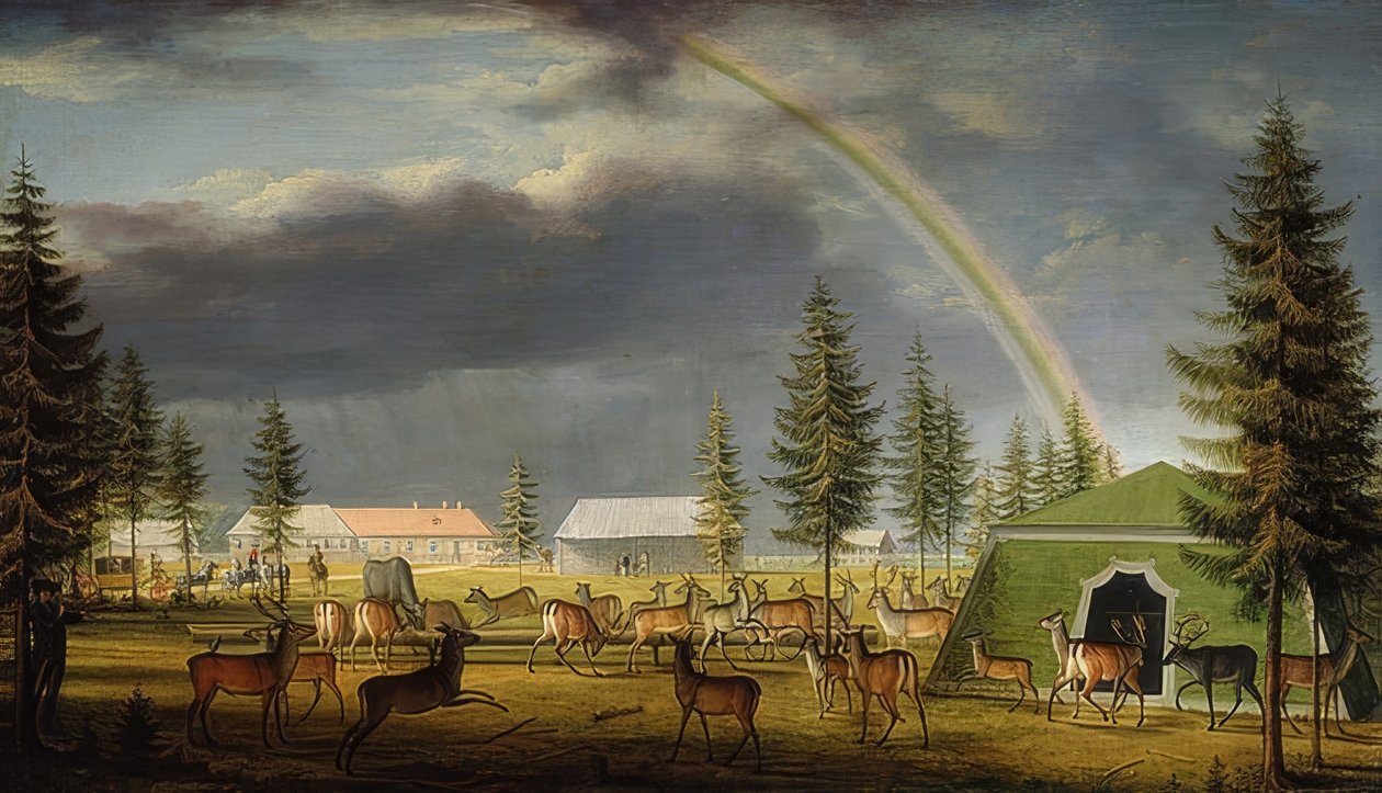 Eläinesitys Gatchinan palatsin puutarhassa. 1792 tekijältä Johann Jakob Mettenleiter