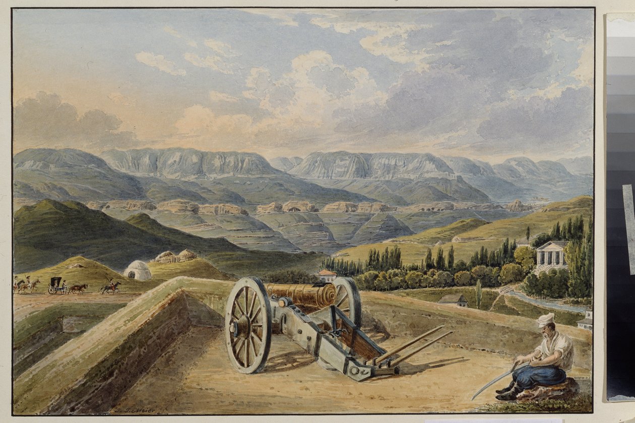 Kislovodskin linnoitus (Pohjois-Kaukasus). Akku vuoristossa. Kislovodskin linnoitus. Akku vuoristossa. Johann Jakob Meierin (1787-1858) teos, akvarelli paperille, noin 1843. 1800-luvun saksalaista taidetta. Valtion A. Pushkinin taidemuseo tekijältä Johann Jakob Meyer