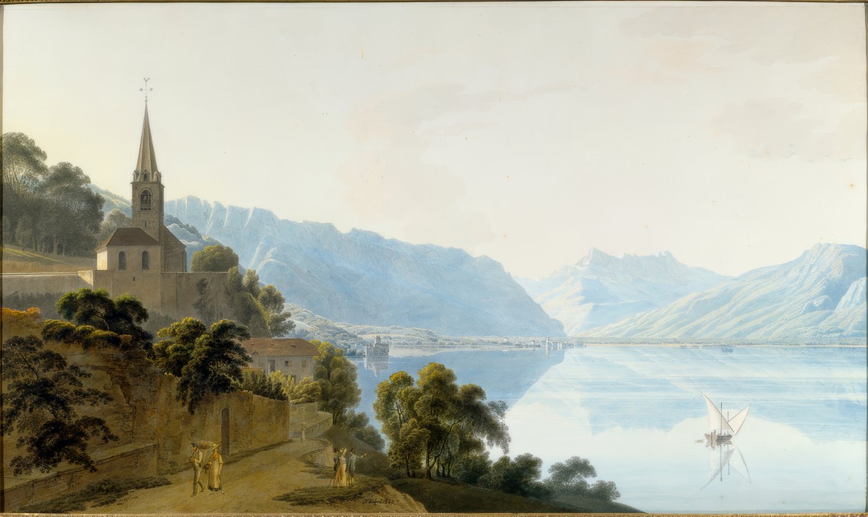 Les Planchesin kirkko, Chillon, Villeneuve ja Dents du Midi tekijältä Johann Jakob Wetzel