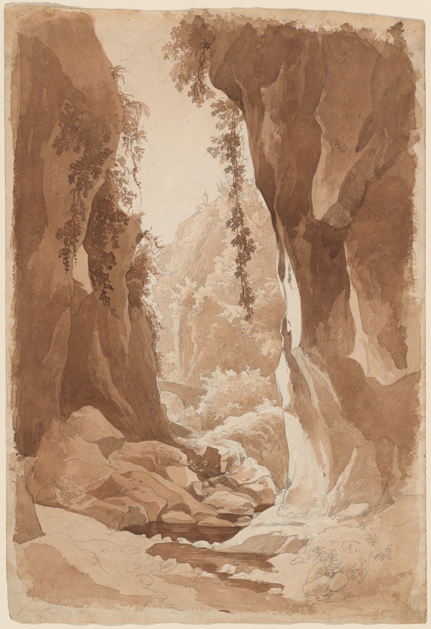 Kalliot joen rotkon yläpuolella lähellä Sorrentoa (recto) tekijältä Johann Joachim Faber