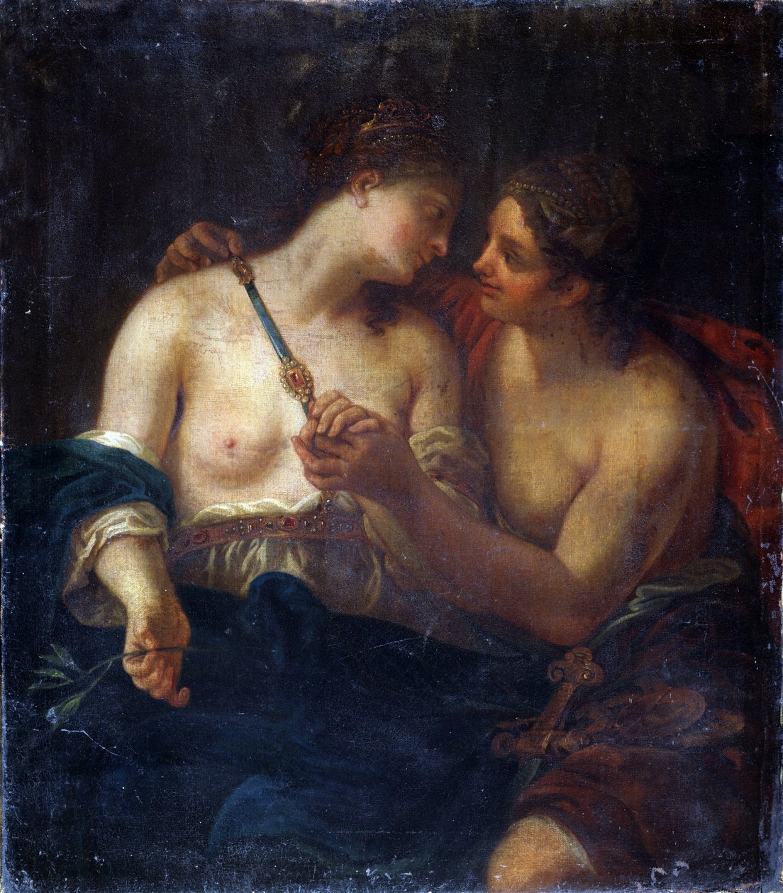 Rauhan allegoria. (Allegoria rauhasta). Kahden naisen välinen ystävyys. Johann Karl Lothin (1632-1698) maalaus. Öljy kankaalle. Pushkinin taidemuseo, Moskova tekijältä Johann Karl Loth