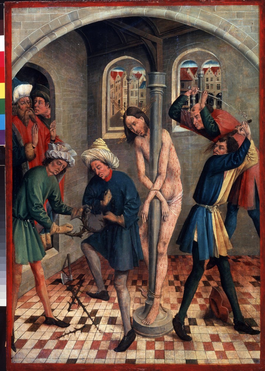 Kristuksen liputus. Miehet tekevät orjantappurakruunua, kun taas toiset ruoskivat pylvääseen kiinnitettyä Jeesusta eri ruoskailla. Johann Koerbecken maalaus (1415-1491), ennen vuotta 1457. Tempera puulle. saksalainen taide tekijältä Johann Koerbecke
