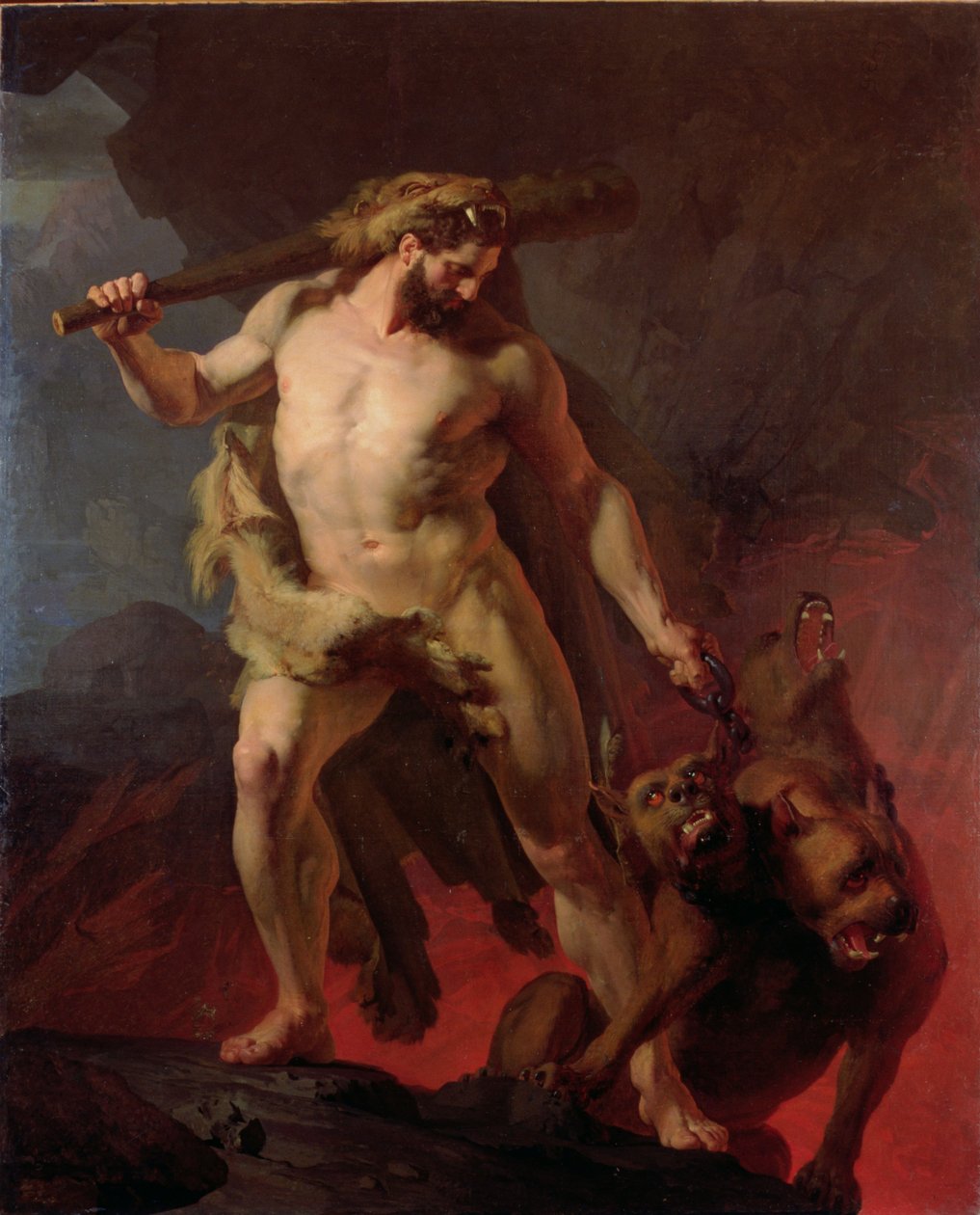 Hercules poistaa Cerberuksen helvetin porteista, 1855 tekijältä Johann Koler