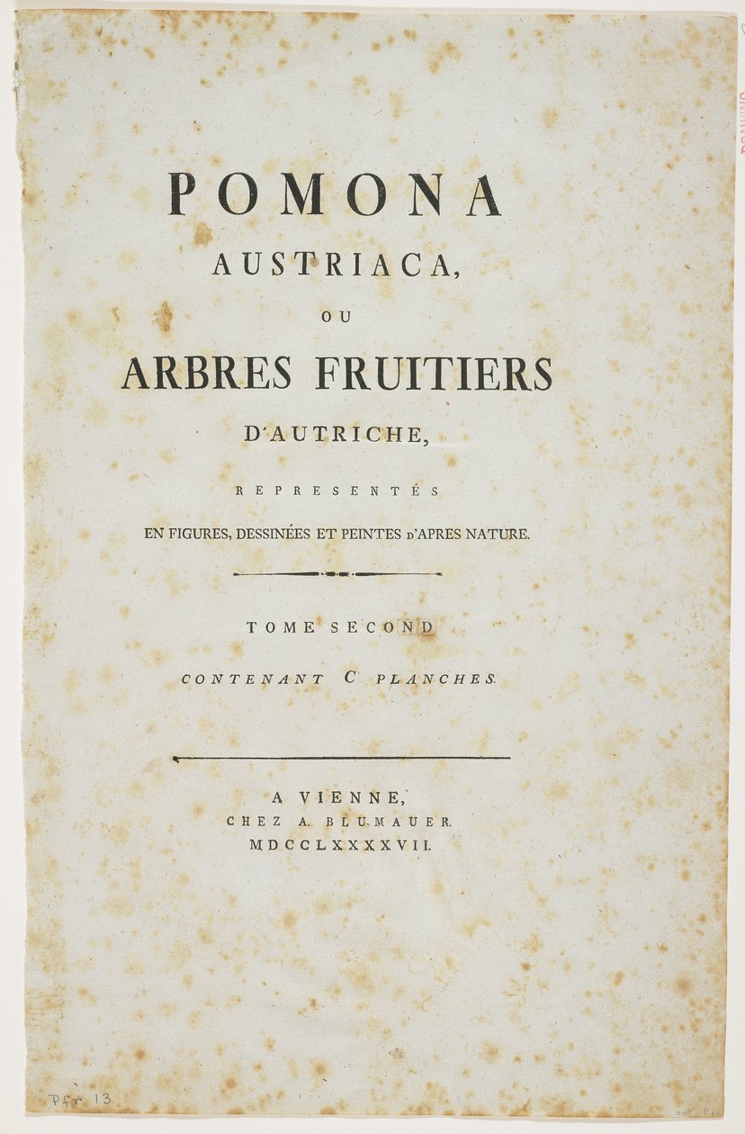 Nimisivu julkaisusta "Pomona Austriaca, eli Itävallan hedelmäpuut", 1787-96 (painettu) tekijältä Johann Kraft