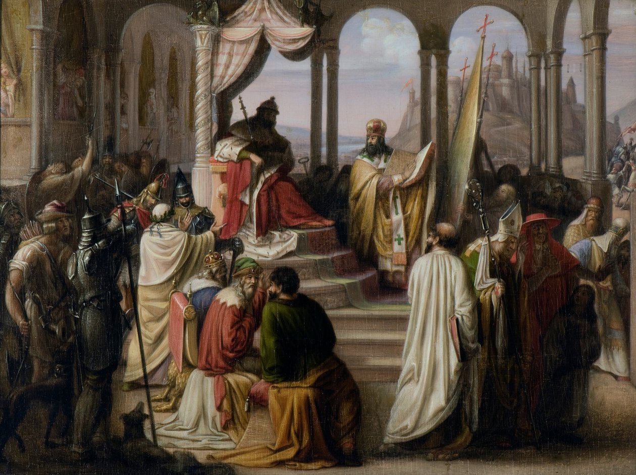 Prinssi Vladimir valitsee uskonnon vuonna 988 Uskonnollinen kiista Venäjän hovissa, 1822 tekijältä Johann Leberecht Eggink