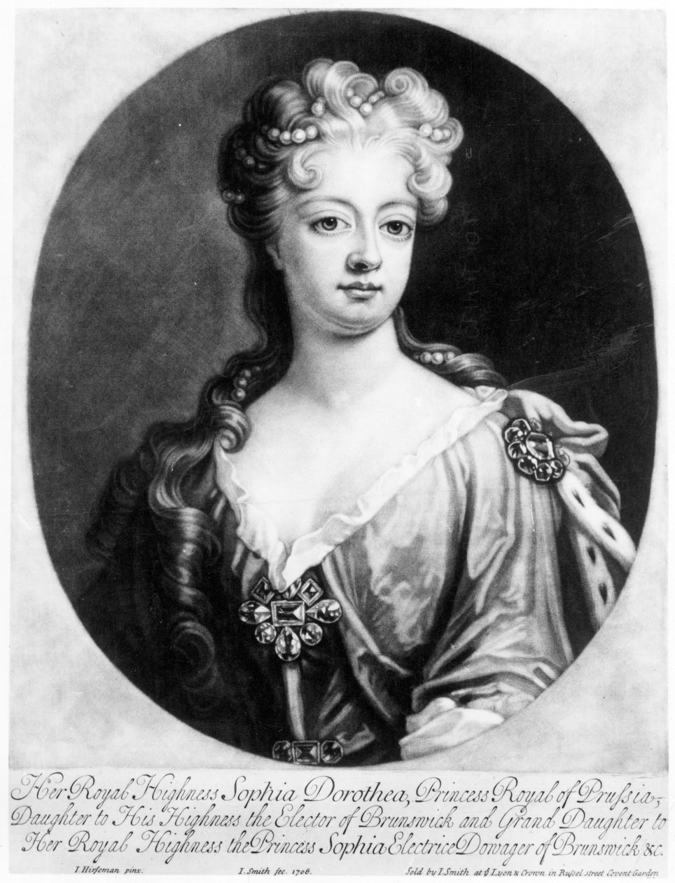 Sophia Dorothea, Preussin kuningatar, kaiverrus John Smith, 1706 tekijältä Johann Leonhard Hirschmann