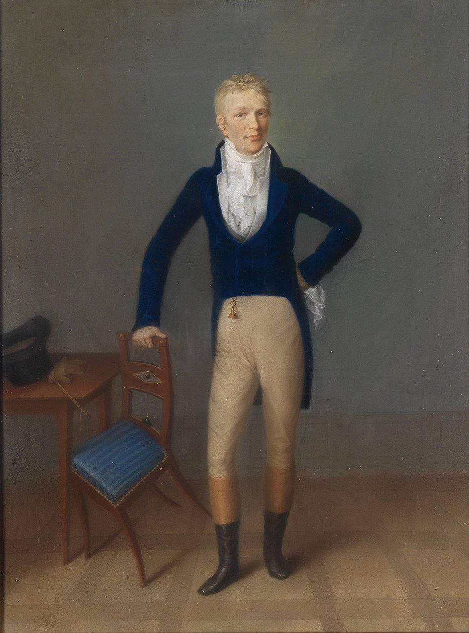 Täyspitkä muotokuva vaaleatukkaisesta herrasmiehestä ratsastusasussa, nojaten tuolin selkänojalle tekijältä Johann Lorenz Kreul