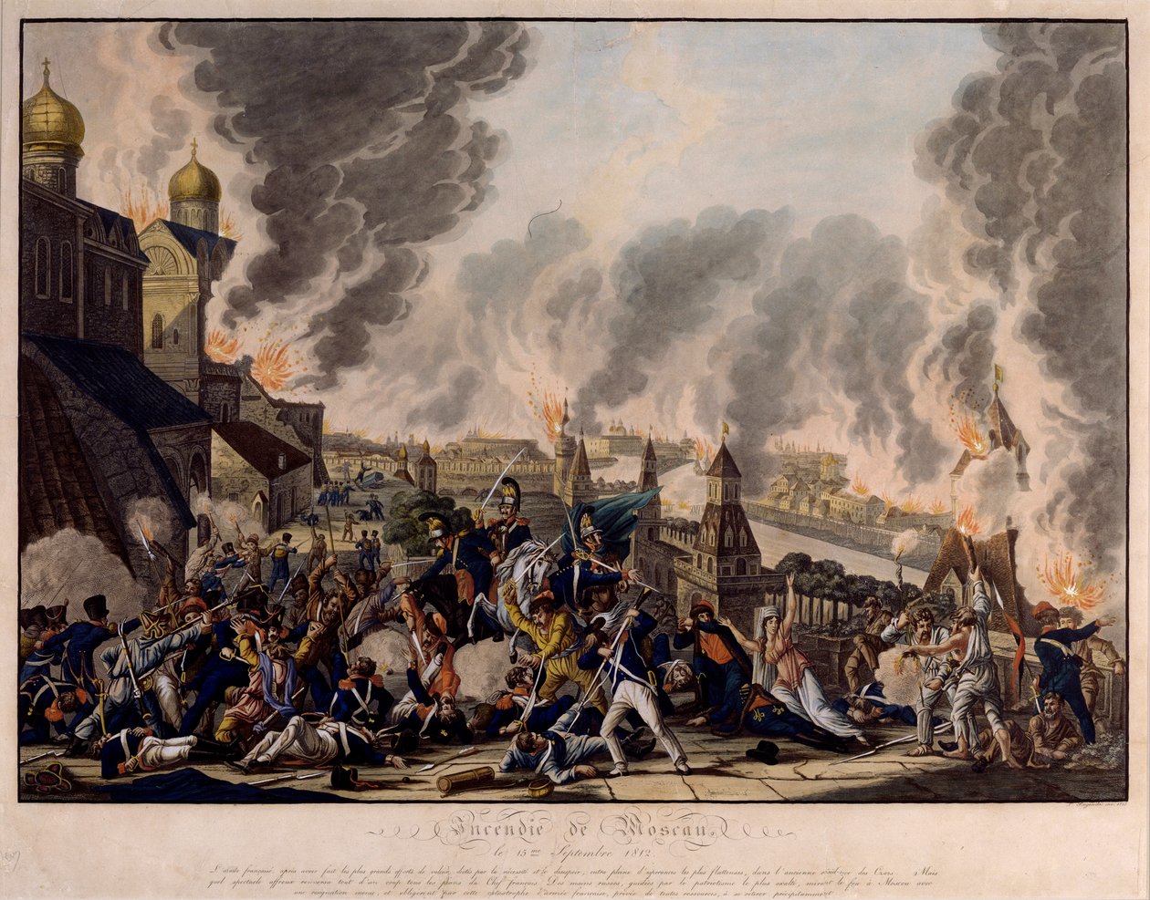 Moskovan polttaminen 15. syyskuuta 1812. Grande Armee (Ranska) hyökkäsi Venäjän kaupunkiin (Napoleonin sodat tekijältä Johann Lorenz Rugendas