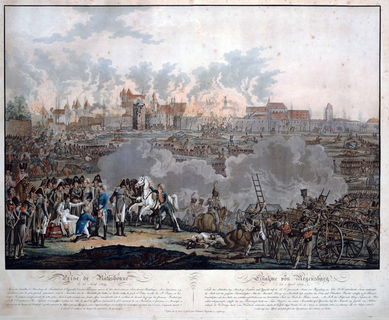 Ratisbonin taistelu 23. huhtikuuta 1809 (Regensburgin taistelu) - Rugendas, Johann Lorenz, nuorempi (1775-1826) - 1809 - Akvatinta - 54,6x65,4 - Yksityiskokoelma tekijältä Johann Lorenz Rugendas