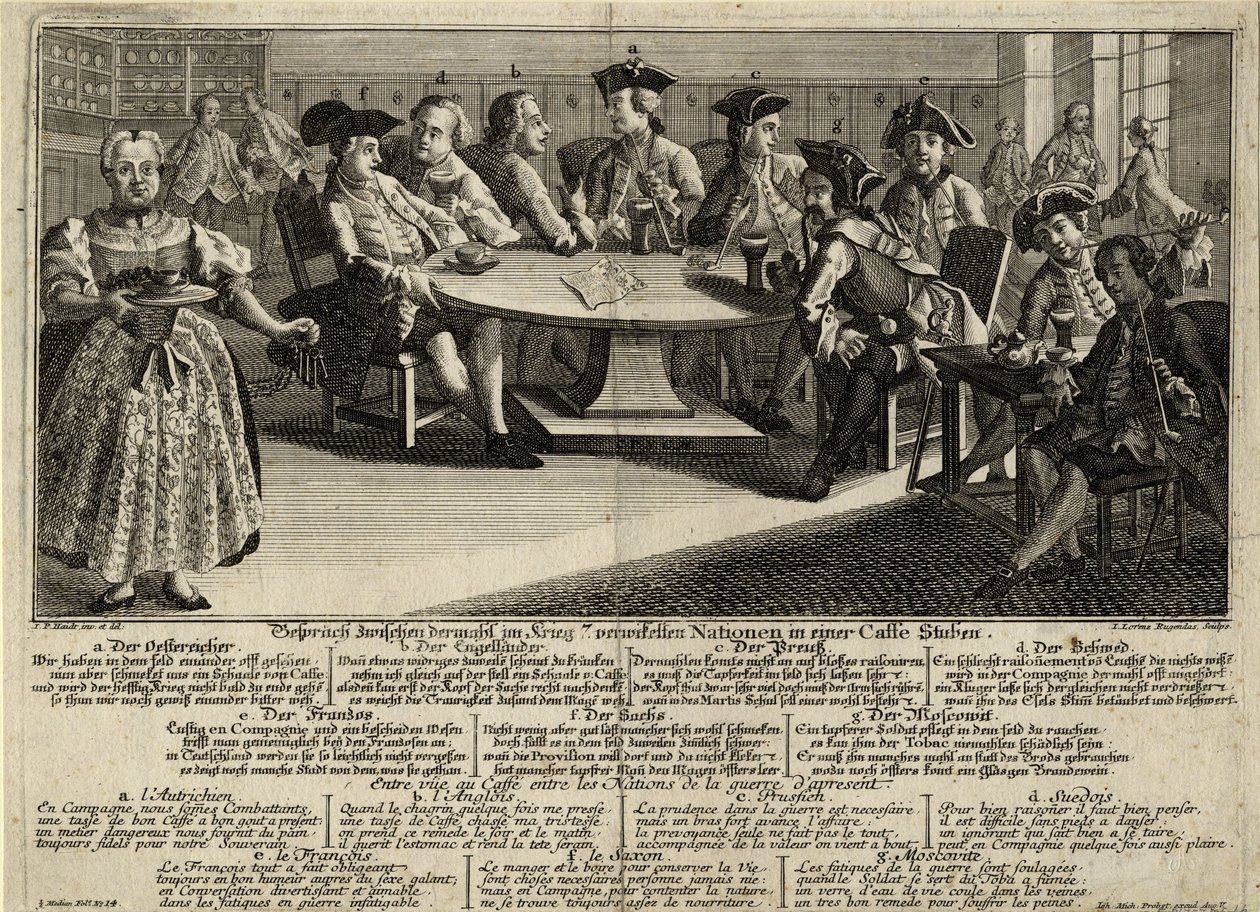 Conversa entre 7 nacions implicades en la guerra en un cafè, 1757 finlandès tekijältä Johann Lorenz Rugendas the Elder