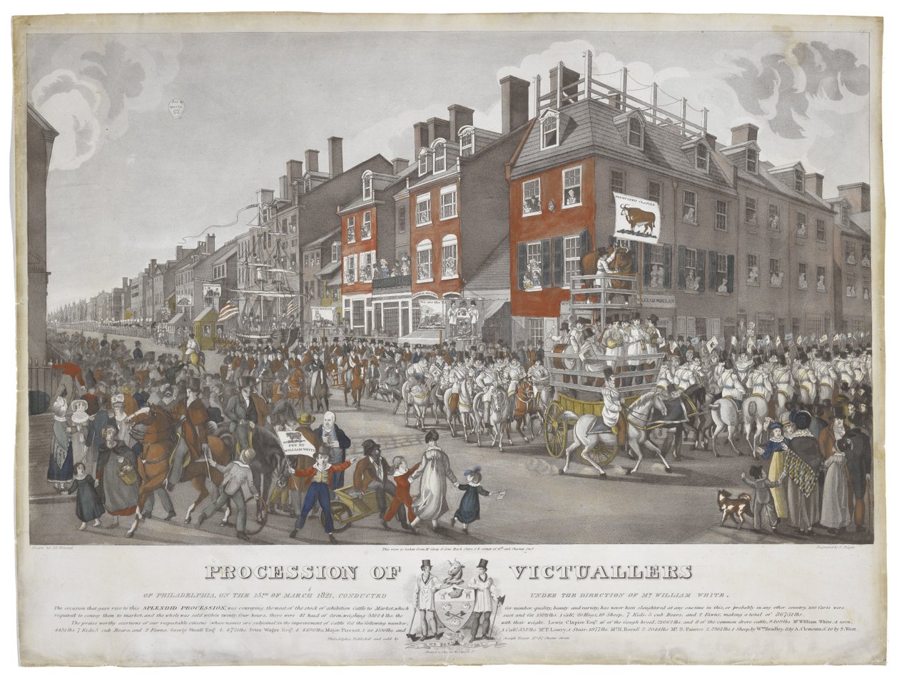 Philadelphian Victuallereiden kulkue 15. maaliskuuta 1821, n. 1821-1822 (etsaus akvatintalla ja käsinvärjäys paperille) tekijältä Johann Ludwig  Krimmel