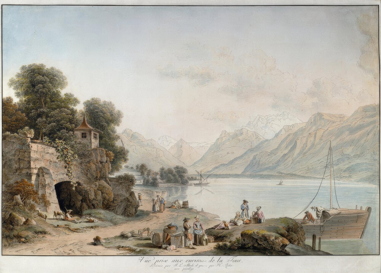 Näkymä Genevenjärvelle La Tour-de-Peilzistä tekijältä Johann Ludwig Aberli