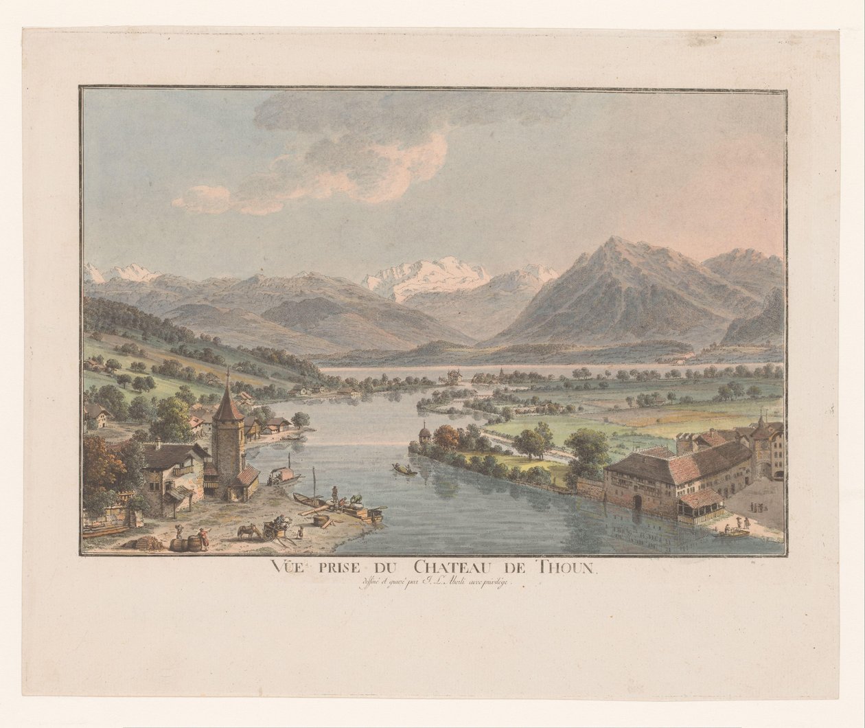 Näkymä Thun-järvelle Thunin linnasta Vue prize du chateau de Thoun (otsikko esineessä) tekijältä Johann Ludwig Aberli
