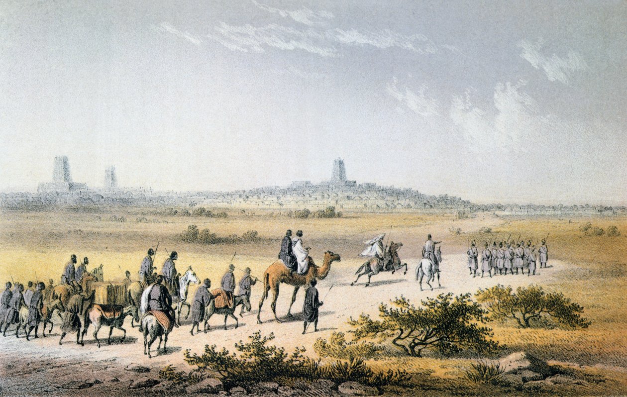 Heinrich Barthin (1821-65) Caravanin sisäänkäynti Timbuktuun vuonna 1853, Barthin teoksesta "Travels and Discoveries in North and Central Africa", kaiverrettu Eberhard Emmeminger (1808-85), julkaistu 1857 (väri) tekijältä Johann Martin Bernatz