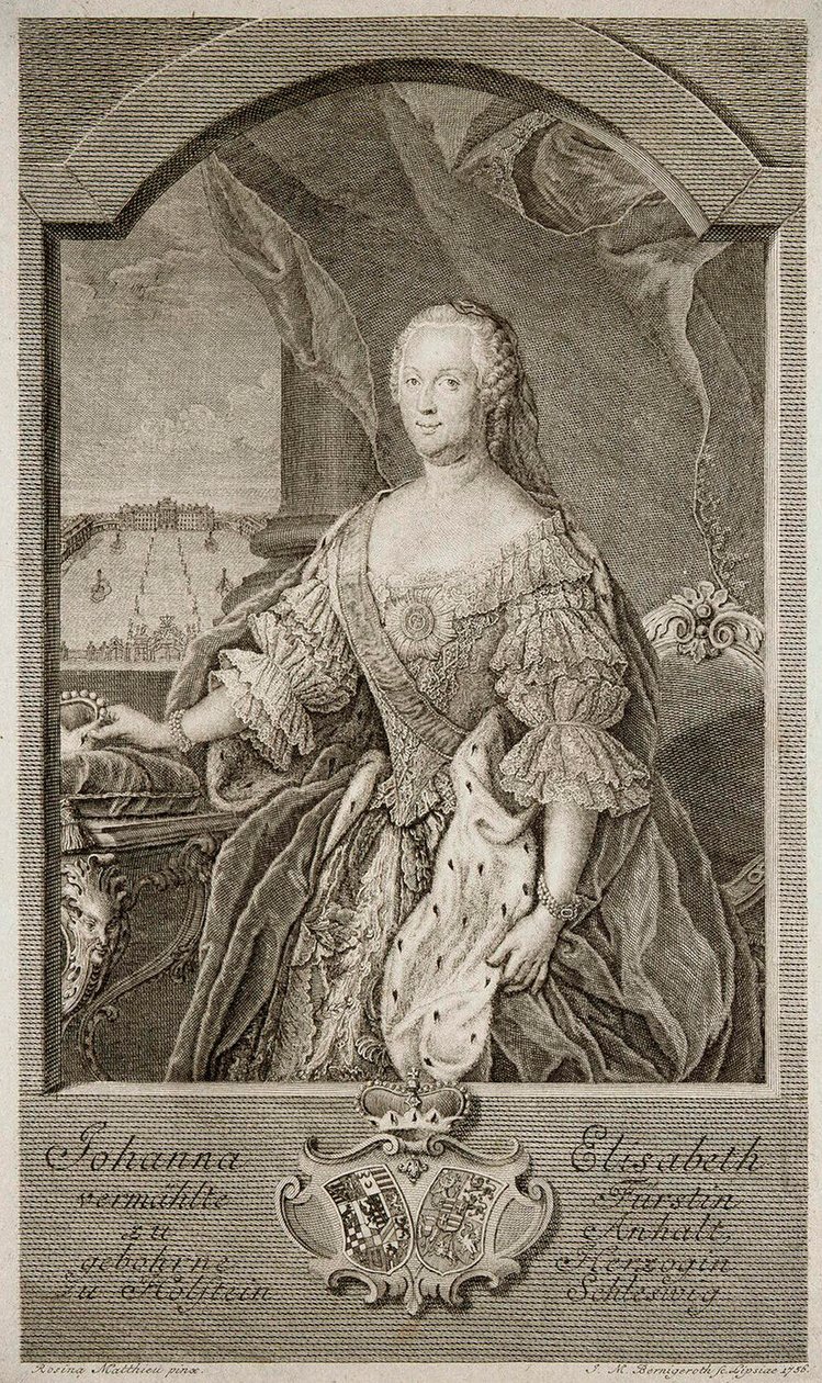Muotokuva Johanna-Elizabethista, Anhalt-Zerbstin ruotsasta 1712-1760, Katariina II:n äidistä, 1756. tekijältä Johann Martin Bernigeroth