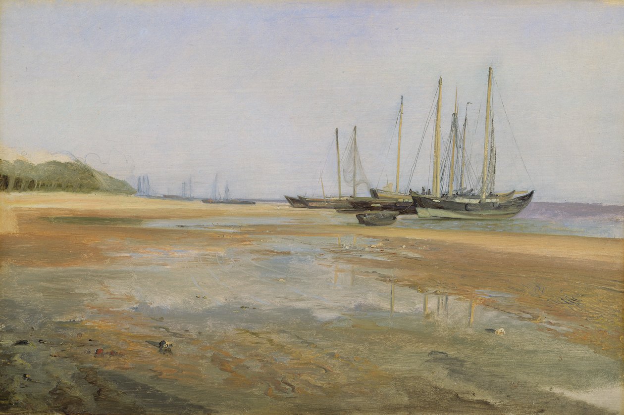 Cargo Ships on the Sands of the Elbe, 184045 (öljy paperille kiinnitetty kortille) tekijältä Johann Martin Gensler