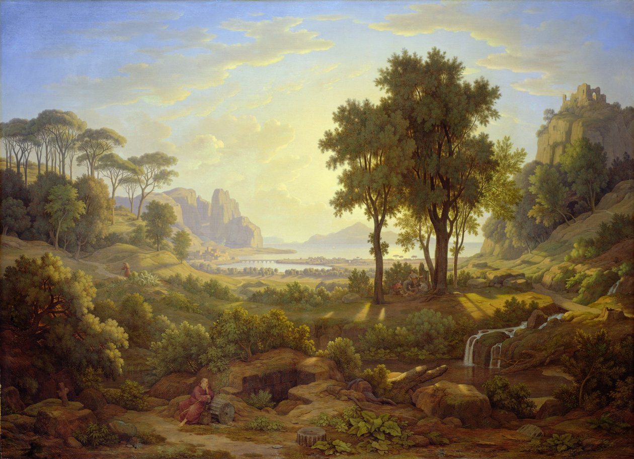 Italian maisema auringonlaskun aikaan tekijältä Johann Martin von Rohden