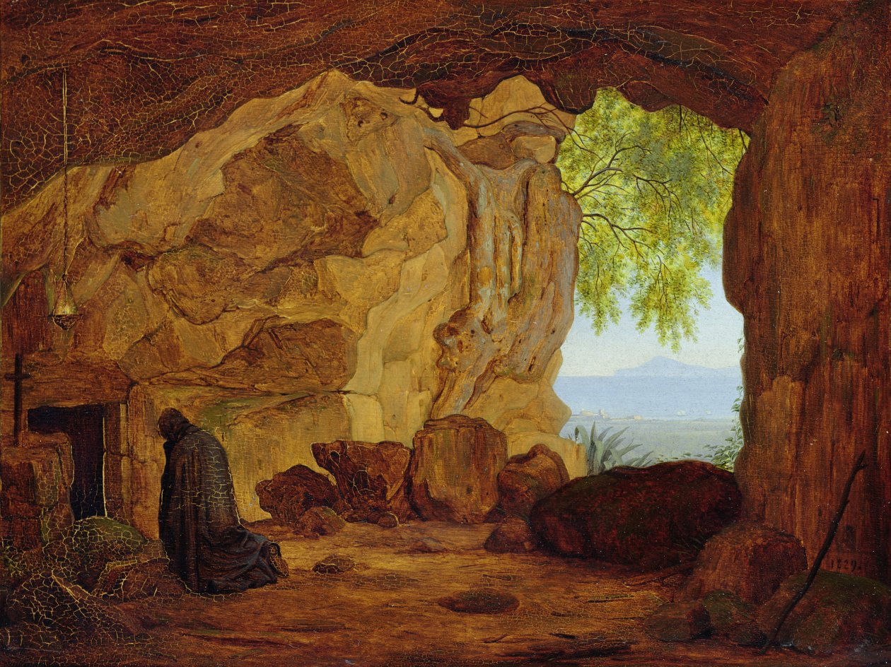Rukoileva erakko luolassa, 1829 tekijältä Johann Martin von Rohden