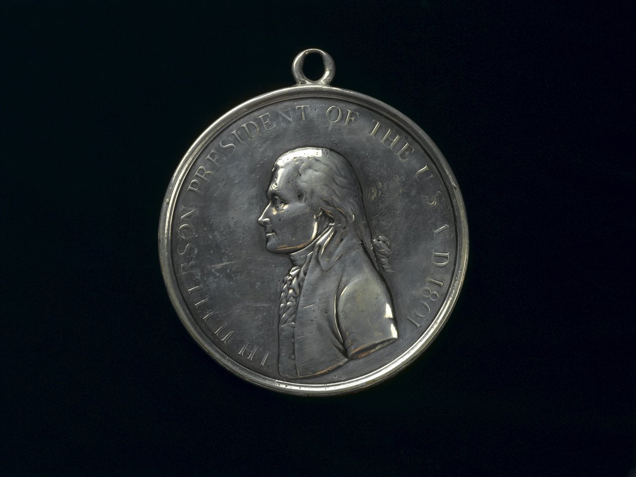 Thomas Jeffersonin intiaanien rauhanmitali, n. 1801 (hopea) tekijältä Johann Mathias Reich